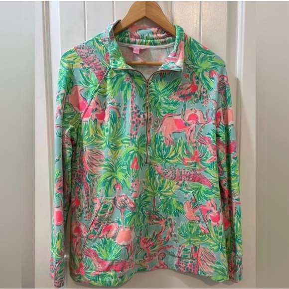 Lilly Pulitzer Tops - 🐘 🦩Lilly Pulitzer UPF 50+ animals “On Parade” pink & green Skipper popover XL